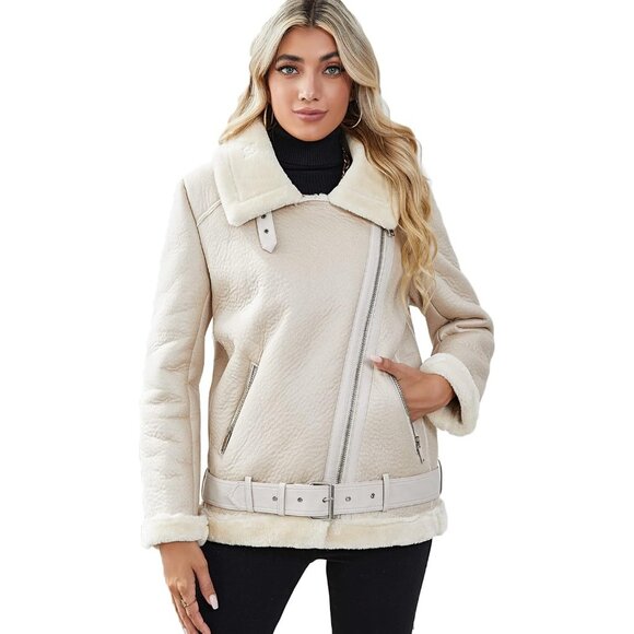 Women Shearing Beige Faux Shearling Moto Jacket Thick Lined Winter Leather Coat - Picture 4 of 5